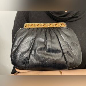 Authentic Vintage Judith Leiber Black Snakeskin / Reptile Clutch Purse